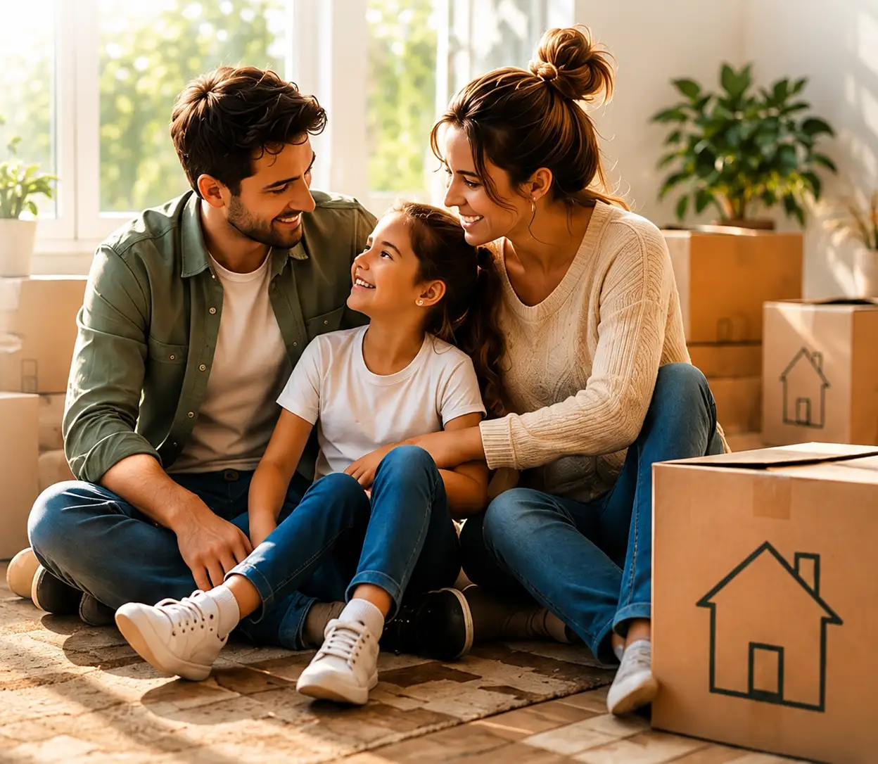 Una familia en su casa nueva, entre cajas de mudanza, después de comprarla con un crédito hipotecario