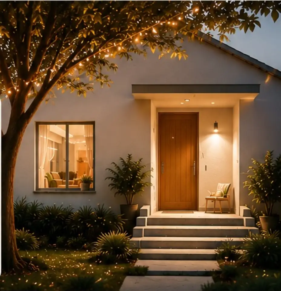 Una casa iluminada al anochecer, con guirnaldas de luces